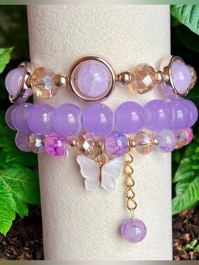 Light Purple Butterfly Charm Beaded 3 Pieces Stretch Bracelet Set